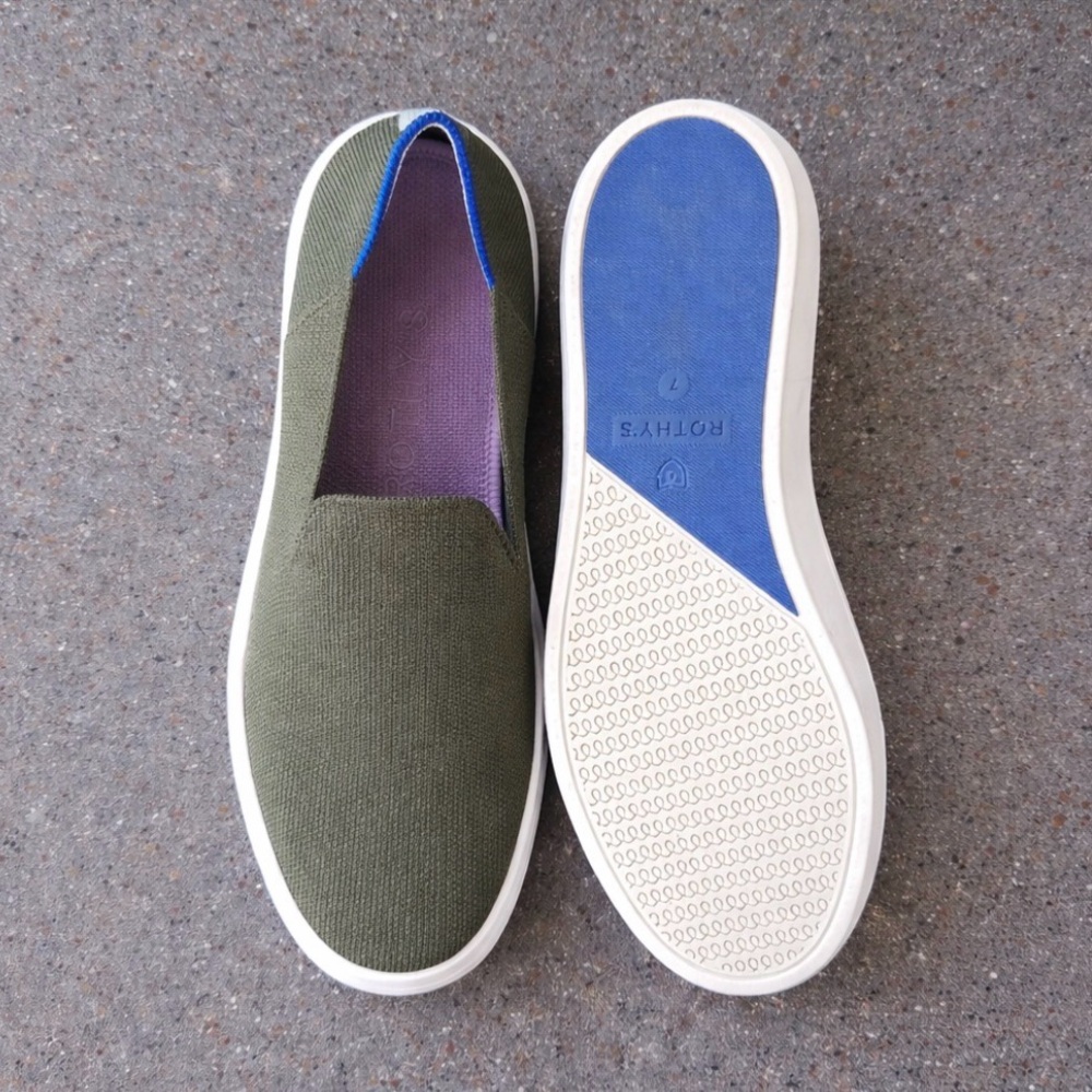 Rothy’s Slip-On Knit Casual Shoes in Olive with White Sole